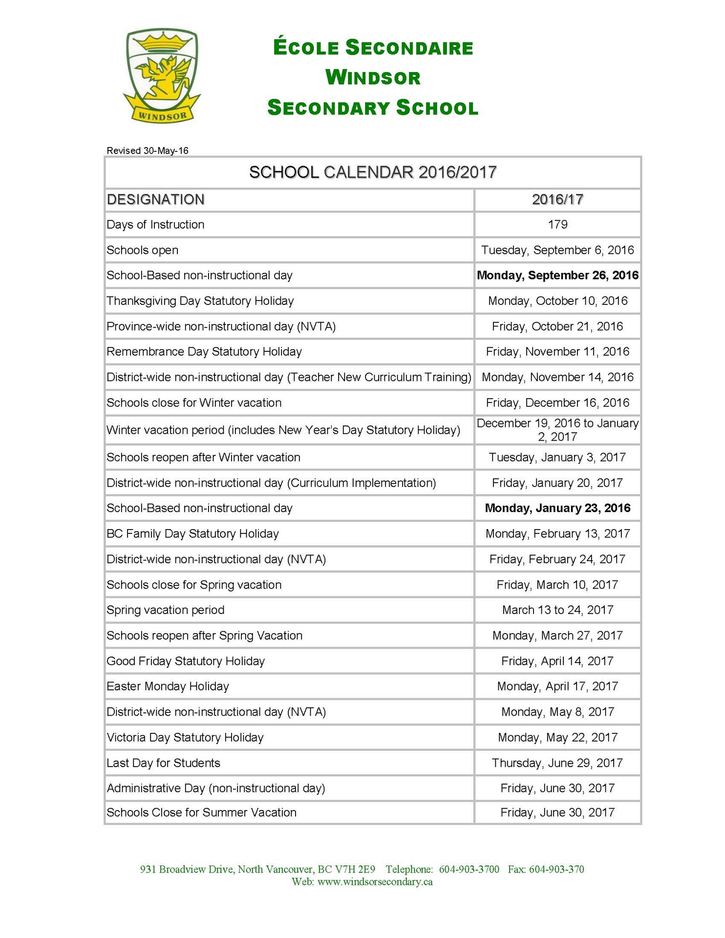 School Calendar 2016/17 Windsor Secondary